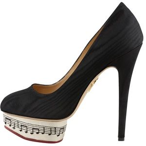 Charlotte Olympia Black Satin Platform Pumps with Ivory Musical Note Platform